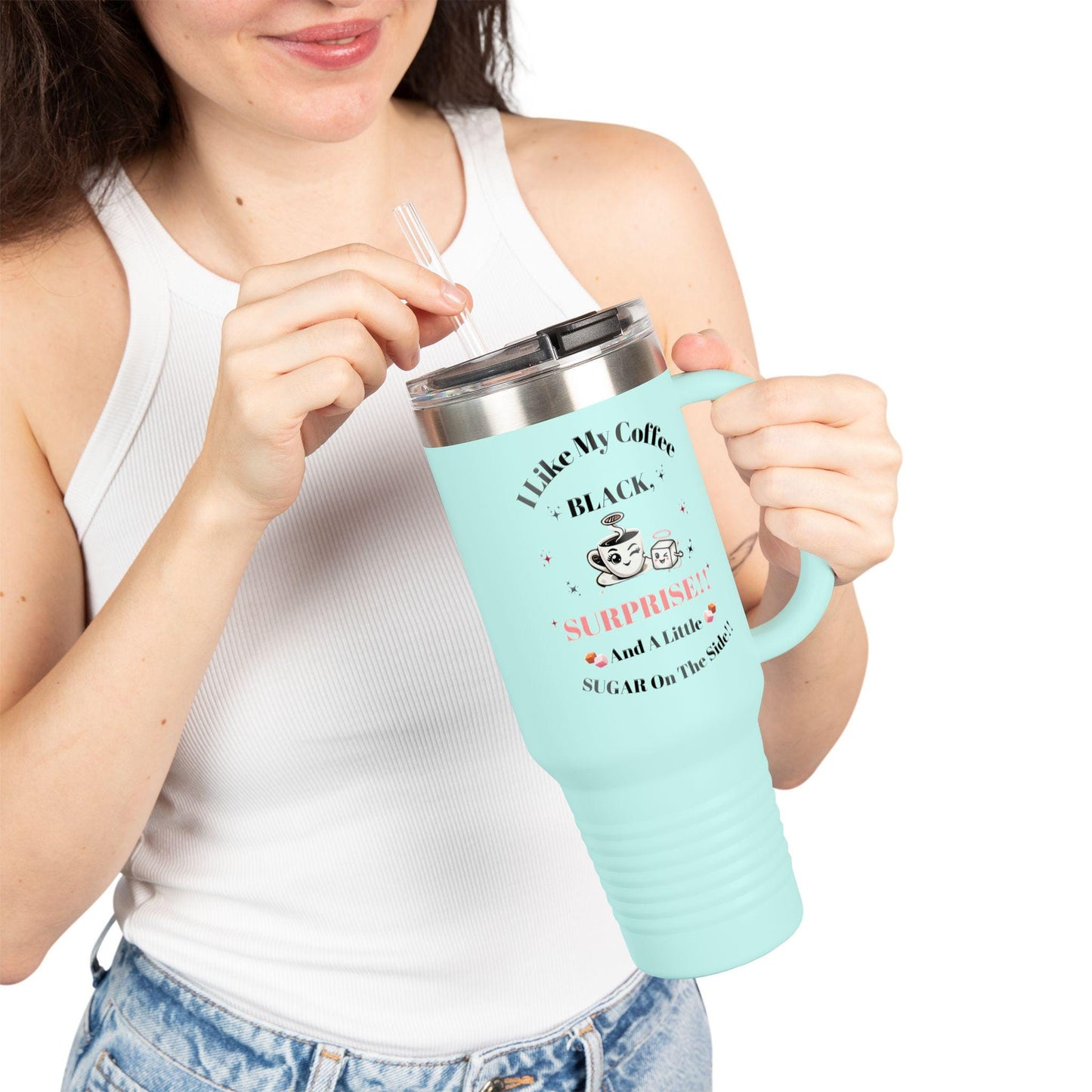 Tumbler with Handle - "I Like My Coffee Black, Surprised, and a Little SCANDAL on the Side" (Insulated Travel Mug, 40oz)